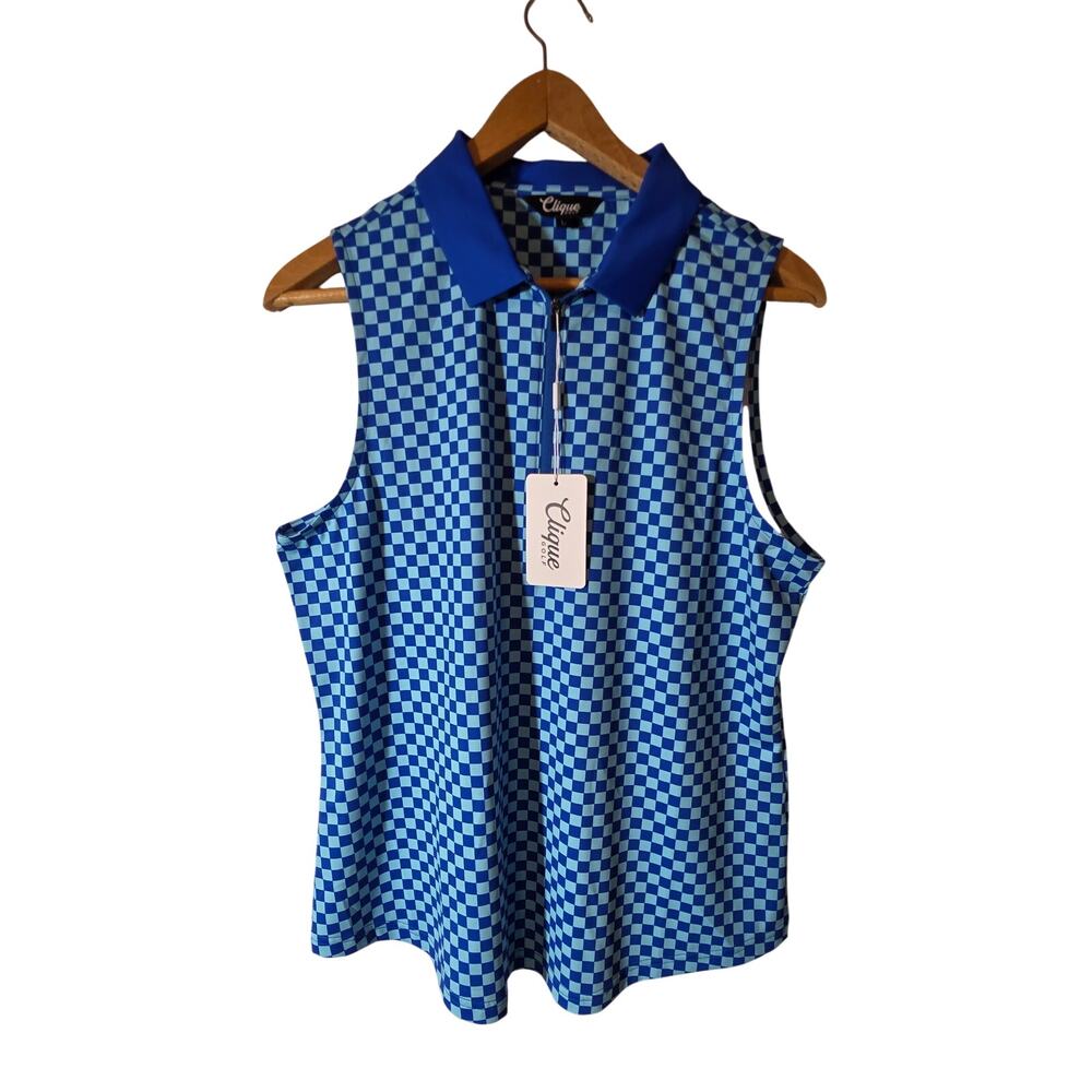 New with Tags Clique Blue Checker Ladies Golf Sleeveless Polo Shirt Large